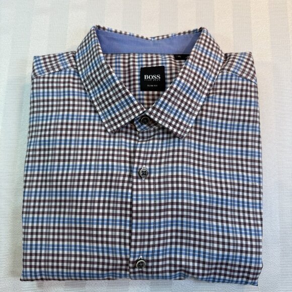 Hugo Boss Nemos 2 Shirt XL Slim Fit Blue Plaid Button Up Long Sleeve Dress Men - Picture 1 of 14